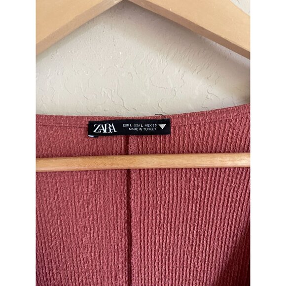 ZARA Textured Weave V-Neck Dress Rust Orange Half Sleeve Midi - Picture 7 of 8